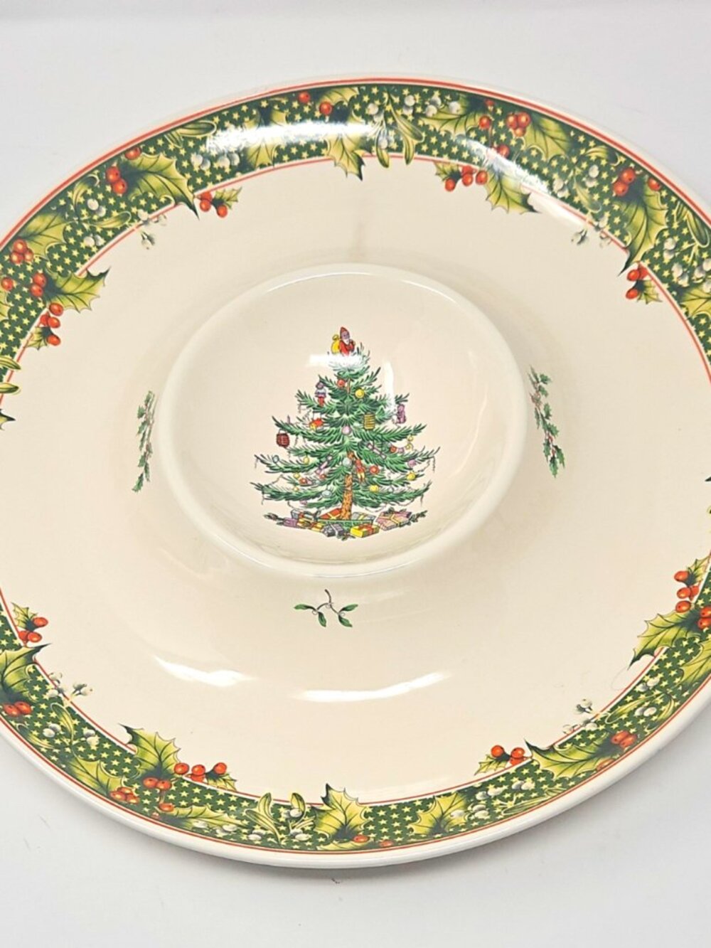 Vintage Spode Christmas Tree 14" Chip & Dip Platter Holly Mistletoe Star Border